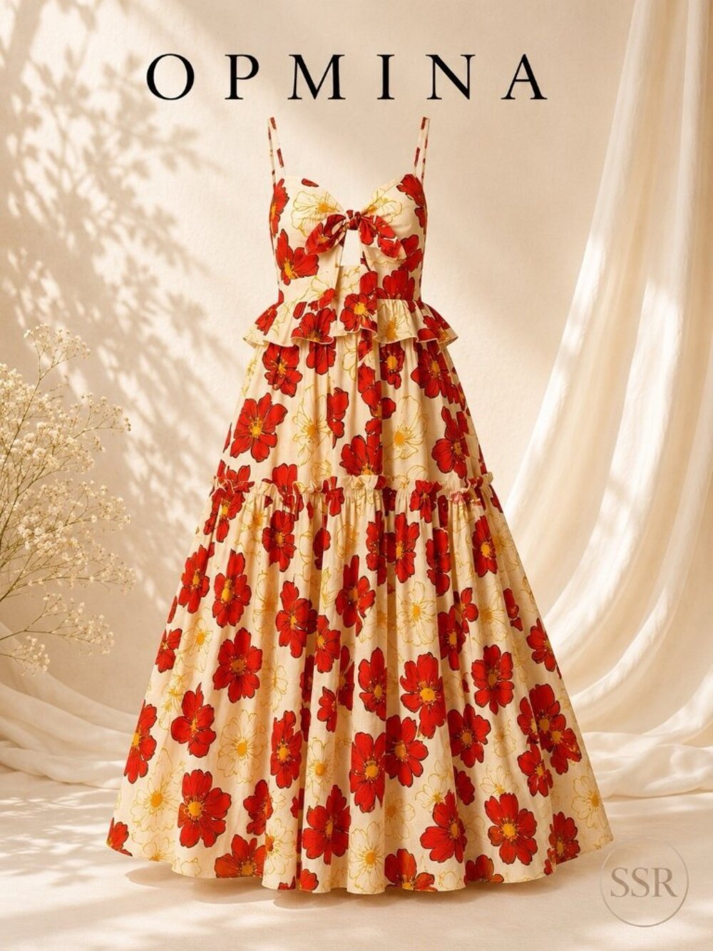 Opmina Maya Poppies Floral 100% Floral Cotton Tie Front Cutout Maxi Dress Size M